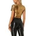 thumbnail image 3 of INSPIRE CHIC Metallic Crop Tops for Women's Keyhole Short Sleeve Halloween Party Shiny Holographic Top XS Brown Gold, 3 of 5