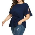 thumbnail image 2 of Women's Plus Size Knot Belted Blouse Short Sleeve Solid Shirt Tops Comfortable Casual Fashion Stylish Elegant Fit, 2 of 9
