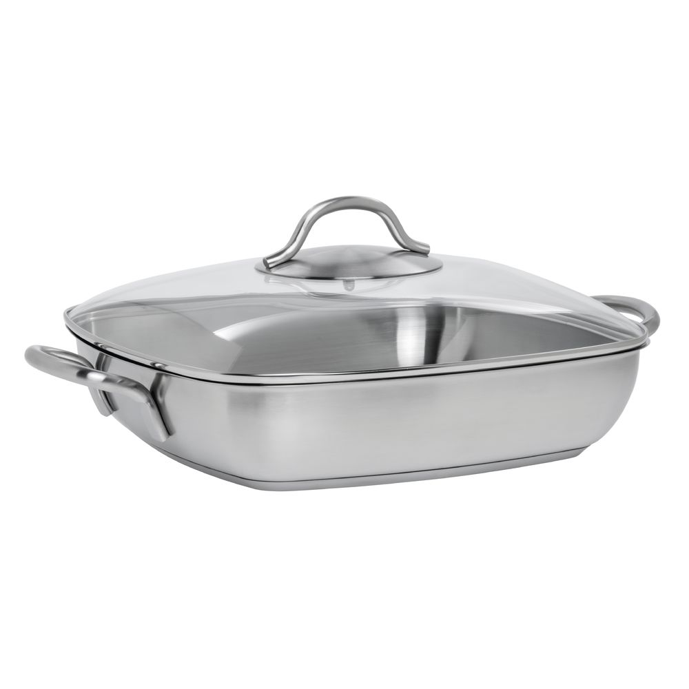 HUBERT Single-Ply Square Satin Stainless Steel Pan with Glass Lid - 11"L x 11"W x 2 2/5"H - image 2 of 7