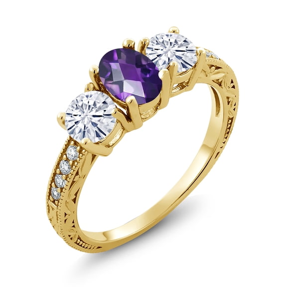 Gem Stone King 18K Yellow Gold Plated Silver 3-Stone Ring Checkerboard Amethyst Moissanite(1.87 Cttw) (Size 7)