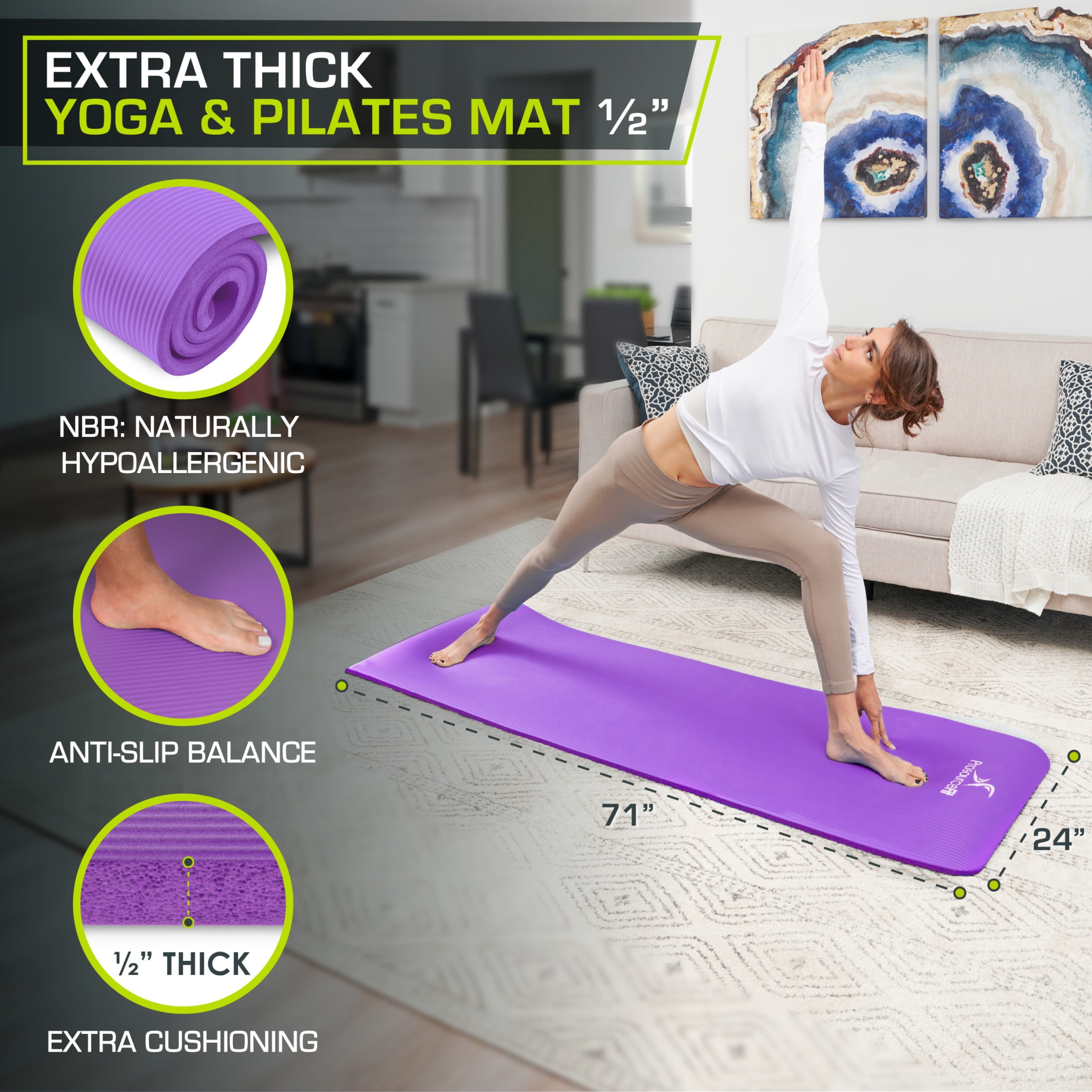 ProsourceFit Extra Thick Yoga and Pilates Mat 1/2-inch or 1-inch Thick for Fitness