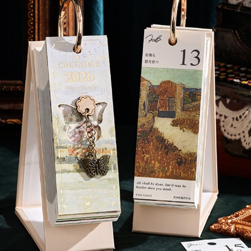 2026 Vintage European Style Oil Painting Flip Calendar, Elegant Desktop Flip Calendar with Butterfly Pendant, 12 Months of Oil Painting Holiday Themes, Suitable for Home, Living Room, Office, Create
