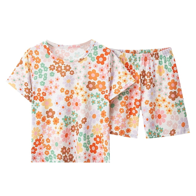 Odeerbi 3-14 Años Niños Niñas Pijama de Verano Floral Algodón Manga Corta Camiseta Pantalón Corto Pijama de Dos Piezas
