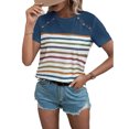 thumbnail image 1 of Camiseta de Mujer Cuello Redondo Botón de Hombro Manga Corta Patrón de Rayas Elegante Casual Mujer Top de Verano para Vacaciones Diario Azul Pavo Real XL, 1 of 6