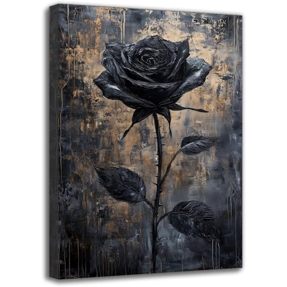Wooden Framed Floral Wall Decor - Antique Black Rose Canvas Wall Art Print, Elegant Artwork for Bedroom Office Living Room Home and Dormitory Decoration (8W X 12L)