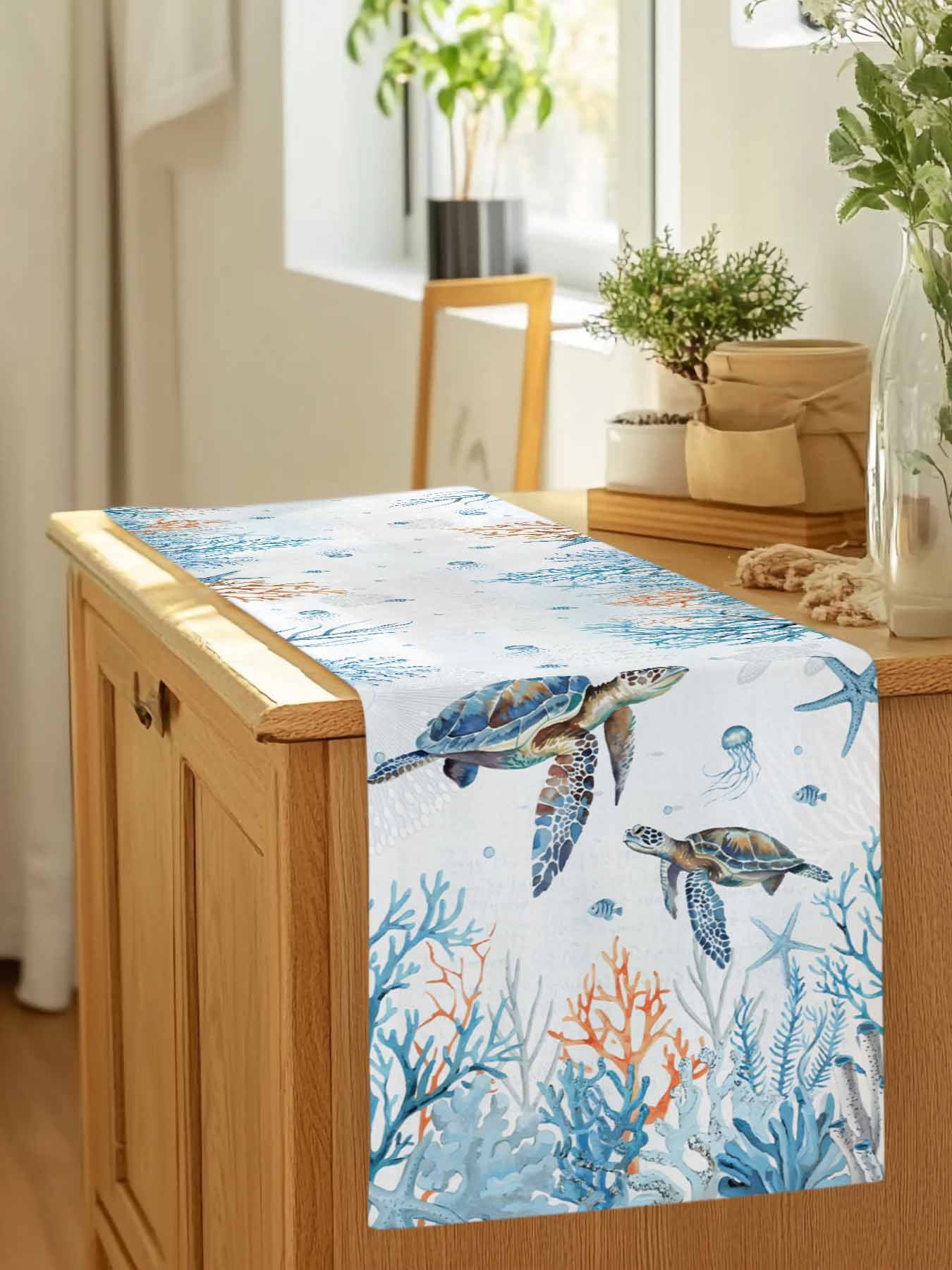 Sea ​​turtle Ocean Blue Coral Table Runner 90 Inches Long, Starfish Jellyfish Underwater World Table Runners Tabletop Scarf Kitchen Dining Tables Decoration for Home Party Indoor Outdoor