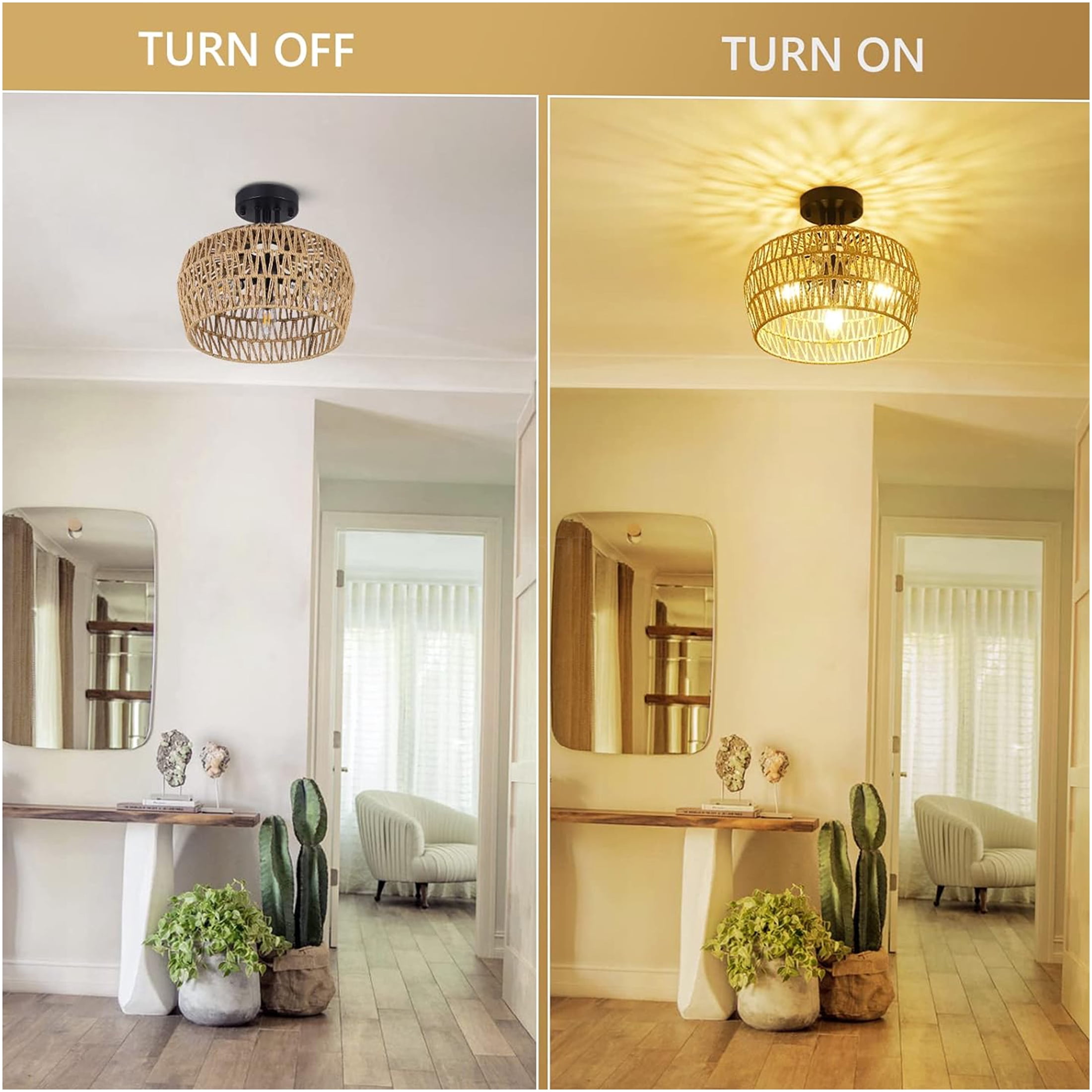 JERFIT 3-Light Semi Flush Mount Ceiling Light Fixture, Handwoven Wicker Rattan Shade, Boho Chandelier for Bedroom, Kitchen, Hallway, Living Room