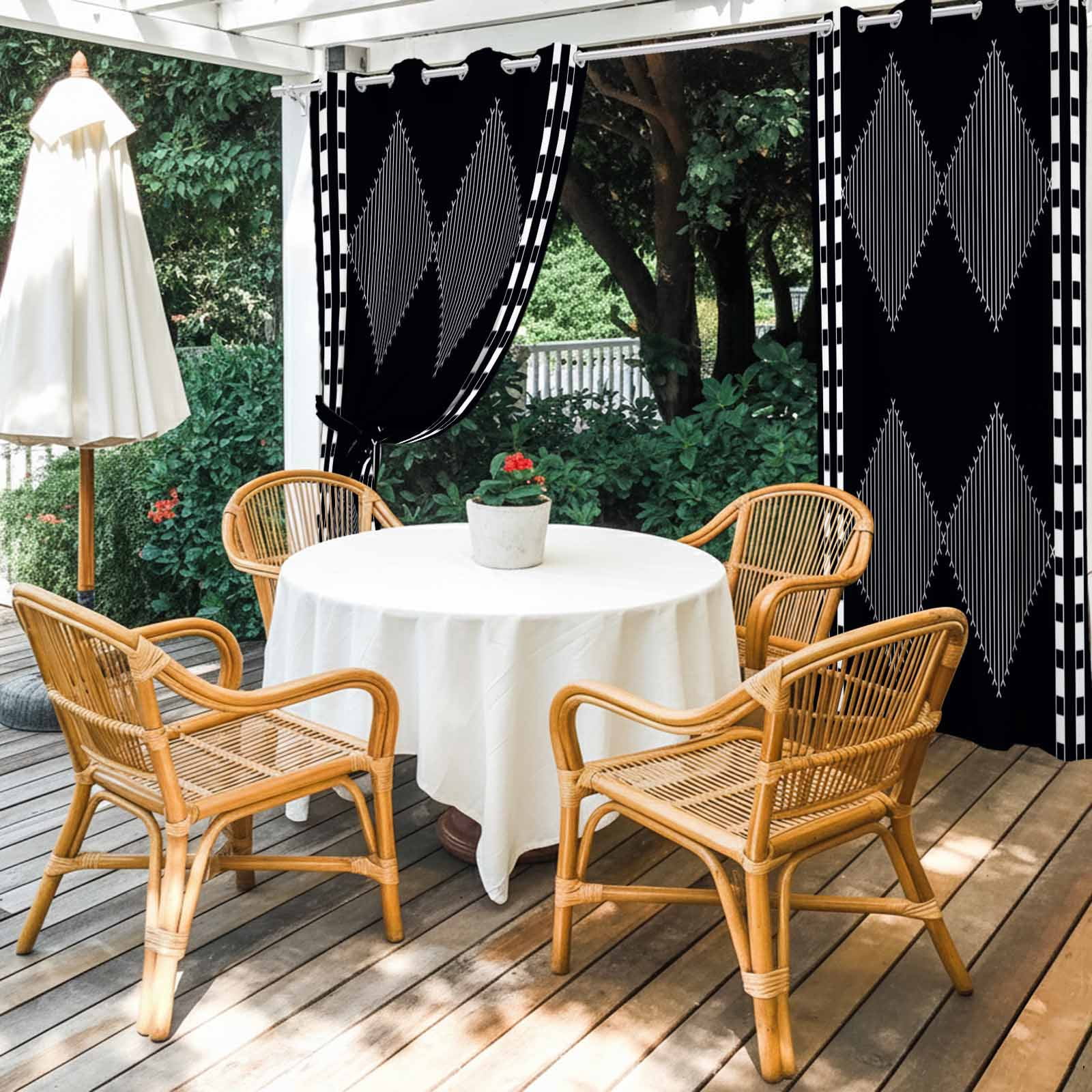 Modern White and Black Outdoor Curtains for Patio, Striped Diamonds Checkered Border Art Sunshade Privacy Drapes Grommet Waterproof Outside Curtains for Porch/Cabana/Balcony 54"x 108", 1 Panel