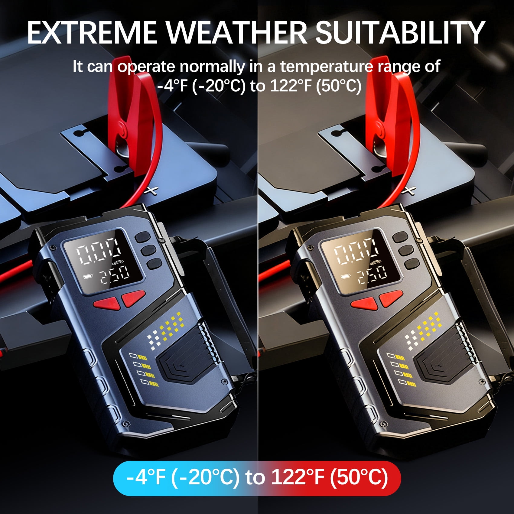 Portable Jump Starter with Air Compressor, 6000mAh 12V Car Battery Jumper for 4.0L Gas/2.5L Diesel, Smart Clamp, LED Display, SOS Flashlight with Storage Case