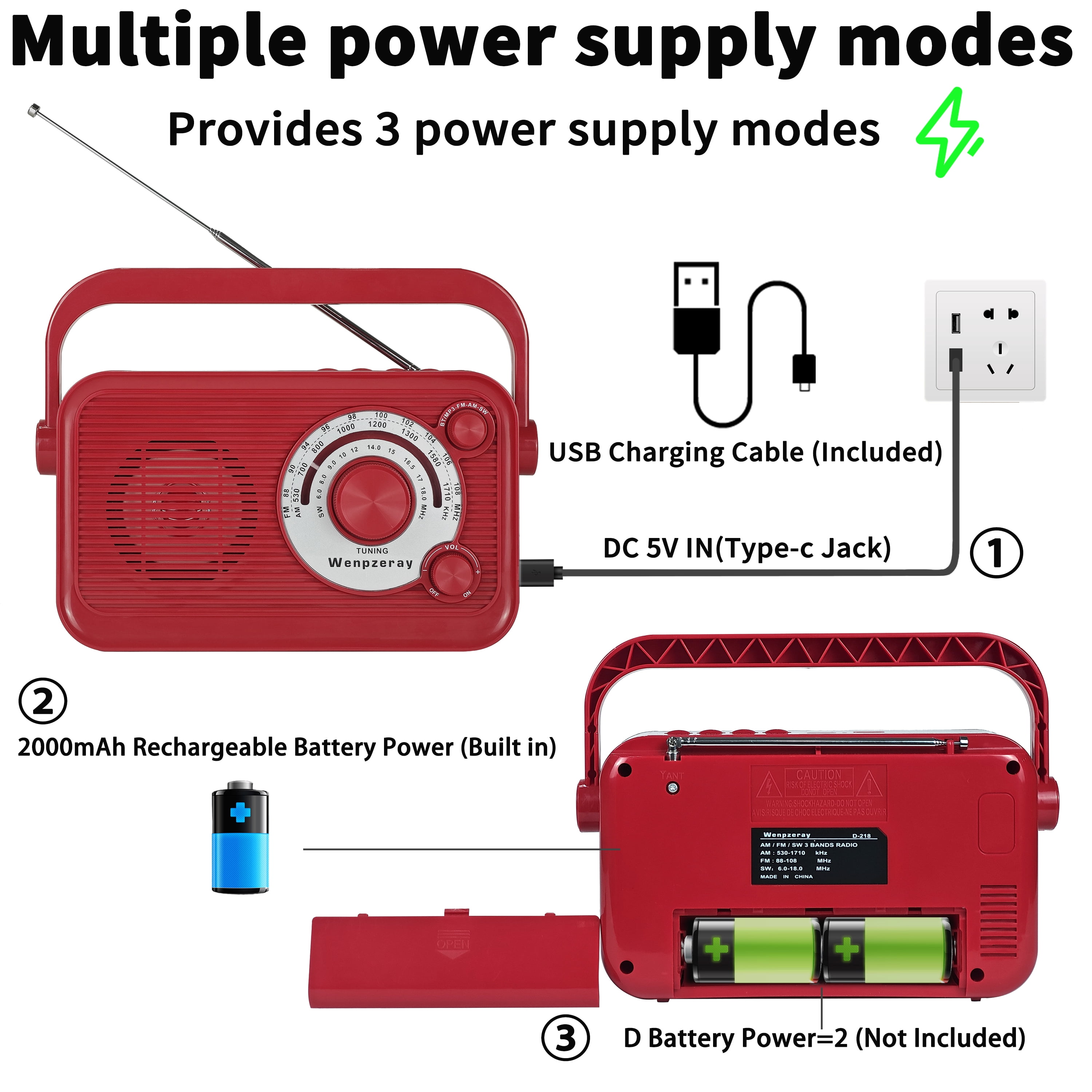 Camping Emergency AM FM Shortwave Radio, DSP Chip Bluetooth Speaker, Type-C Charging Retro Portable Radio Wenpzeray D218 (Red)