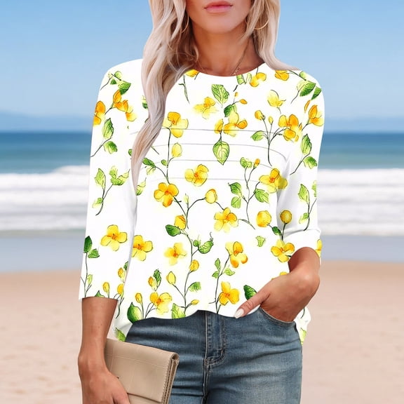 Jsaierl Tops for Women 3/4 Sleeve Plus Size Crew Neck Shirts Trendy Gradient Ladies Blouses Work Holiday T-shirts Top S-2XL