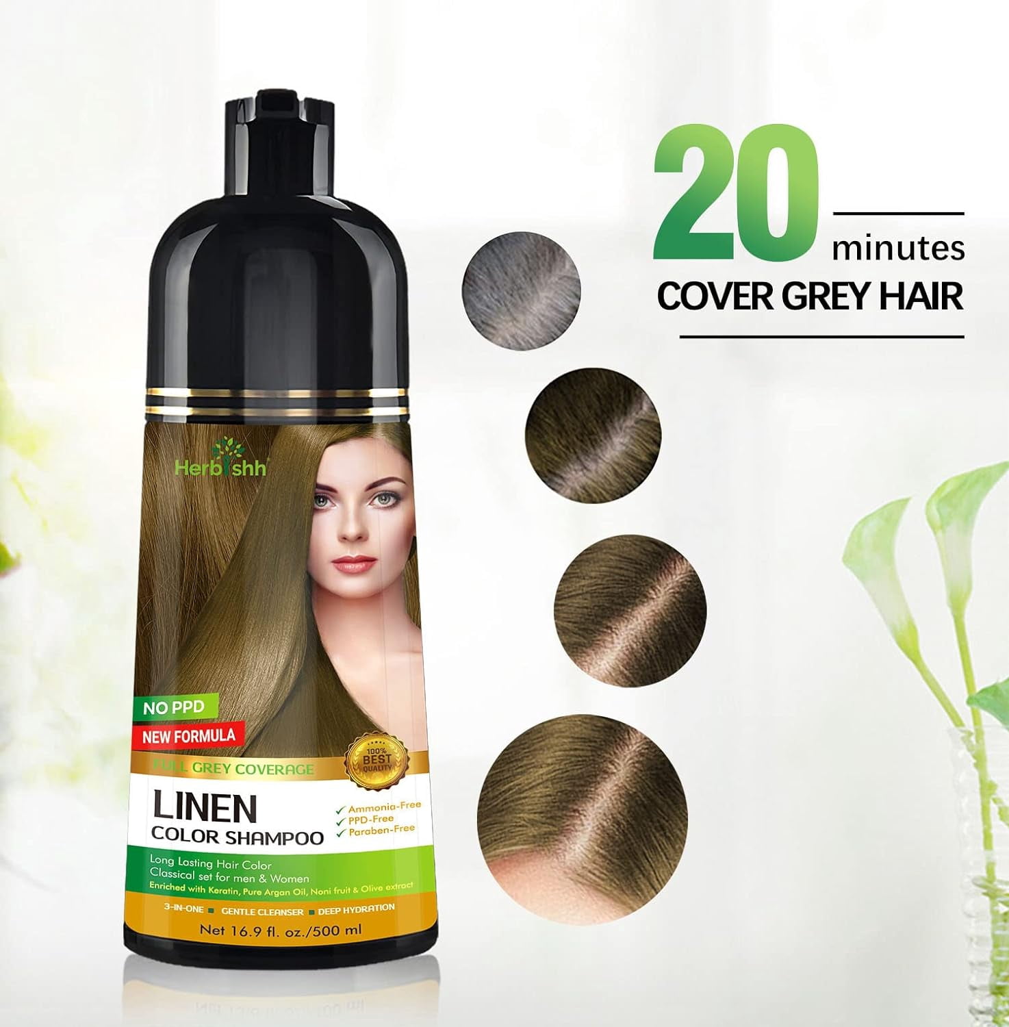(2 pack) Herbishh Linen Hair Color Shampoo for Gray Hair with Pack 2 Hair colour stain remover, Hair Dye Shampoo 3 in 1, 100% Gray Coverage, Permanent Hair Color for Men & Women, Ammonia-free, 500 ml
