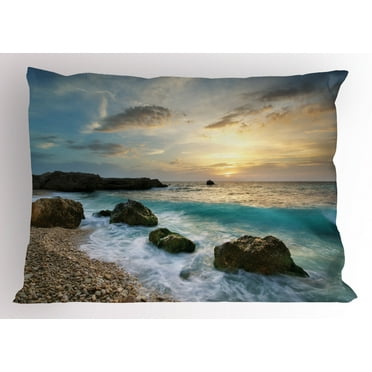Ambesonne Ocean Pillow Sham, Seascape Sunrise Waves, 26" X 20", Brown Blue Yellow