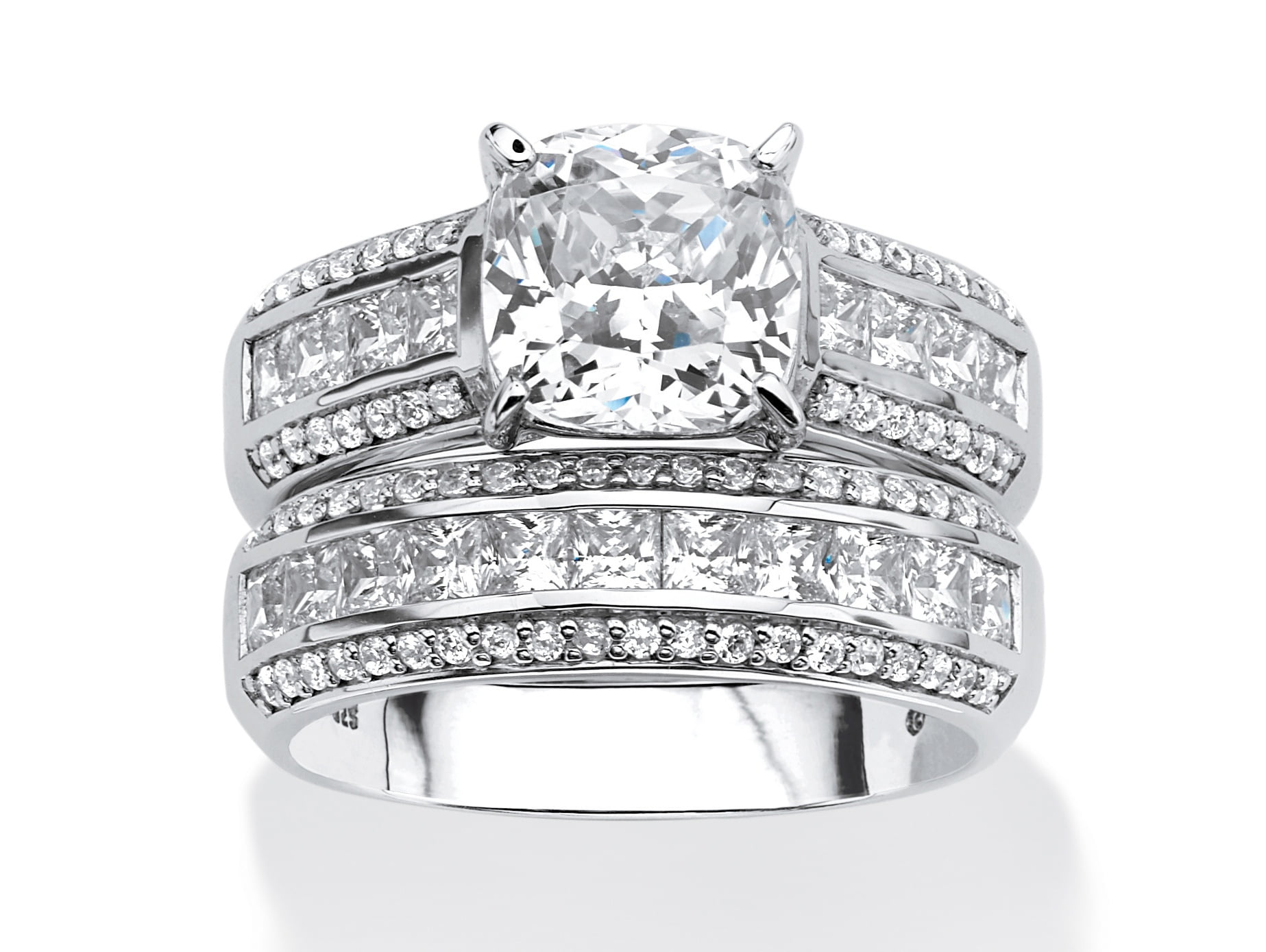 3.37 TCW Cushion-Cut Cubic Zirconia Two-Piece Bridal Set in Platinum over .925 Sterling Silver by PalmBeach Jewelry