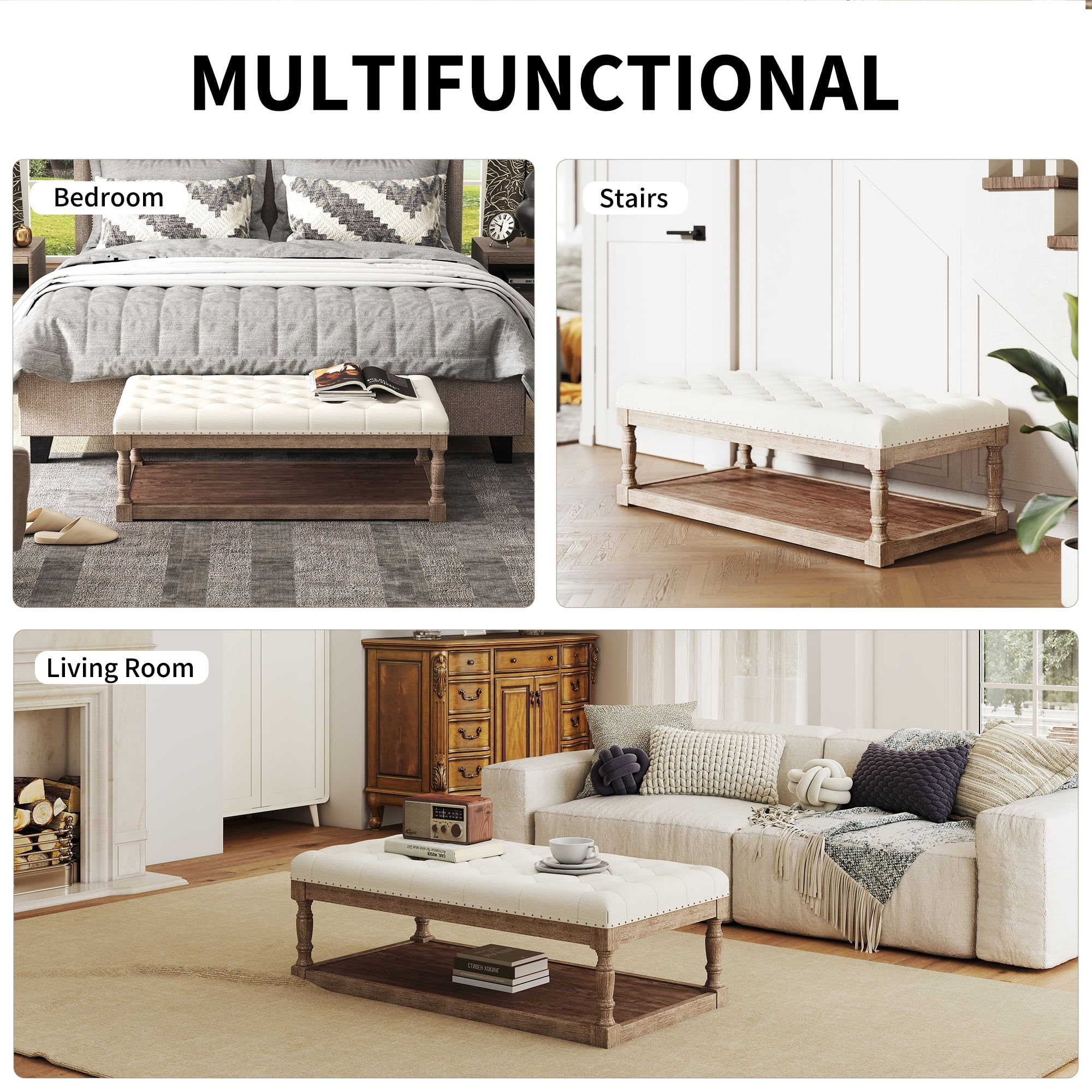 Rectangular Upholstered Tufted Linen Fabric Ottoman Bench,Padded Bench with Solid Wood Shelf-Linen,Comes with Storage,Coffee Table,Tufted Living Room Design