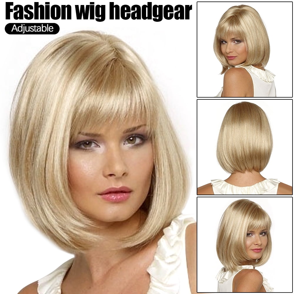 Suppion Women Short Straight Blonde Full Bangs Bob Hairstyle Synthetic Hair Full Wig 