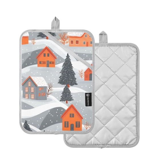 Yayeee Pot Holders Kitchen Heat Resistant with Pocket 7"x9.8" Cotton Oven Cooking Hot Pads, Gray Snow Houses