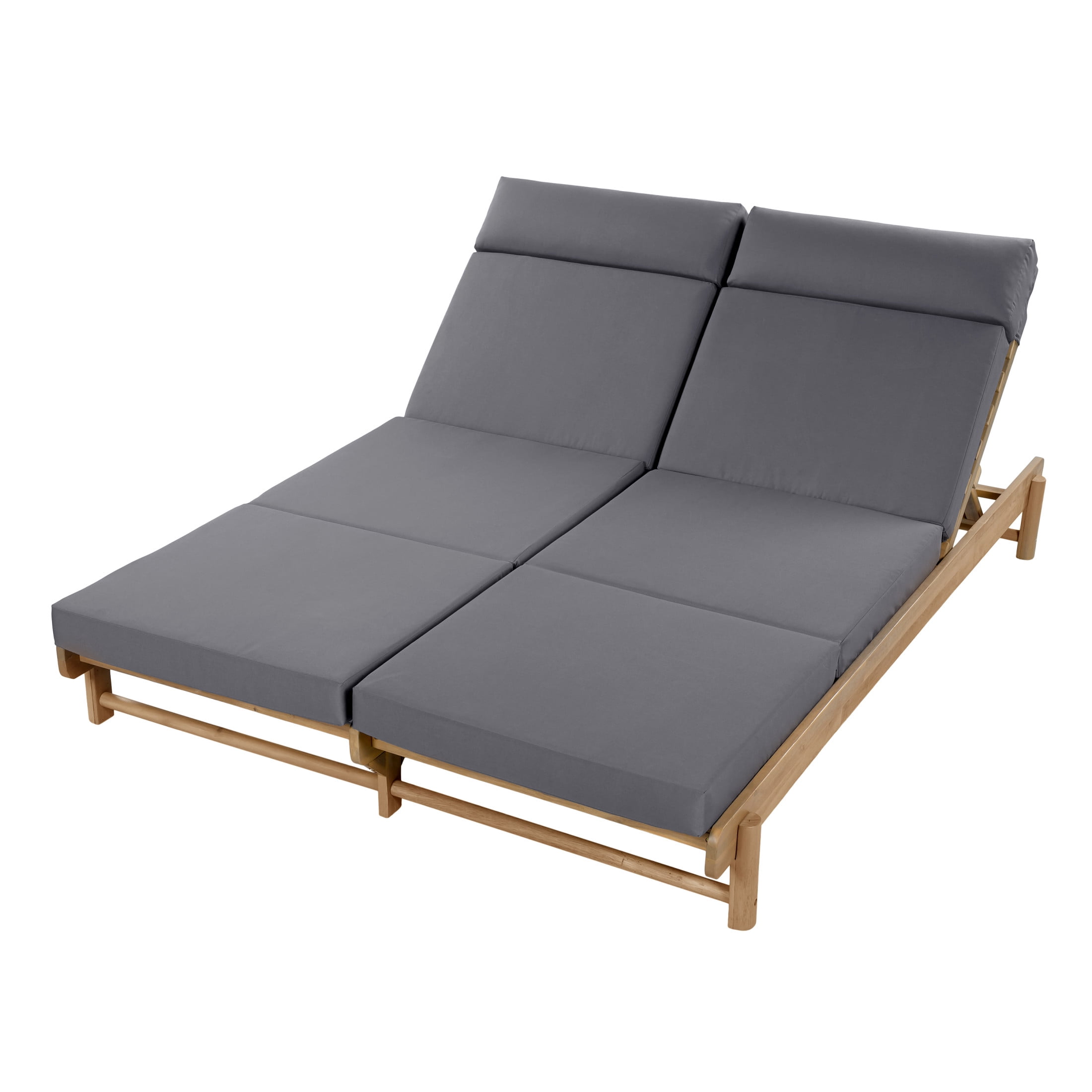 Christopher Knight Home Outdoor Adjustable Double Chaise Lounge with 4-Fold Cushions, Light Teak + Dark Gray