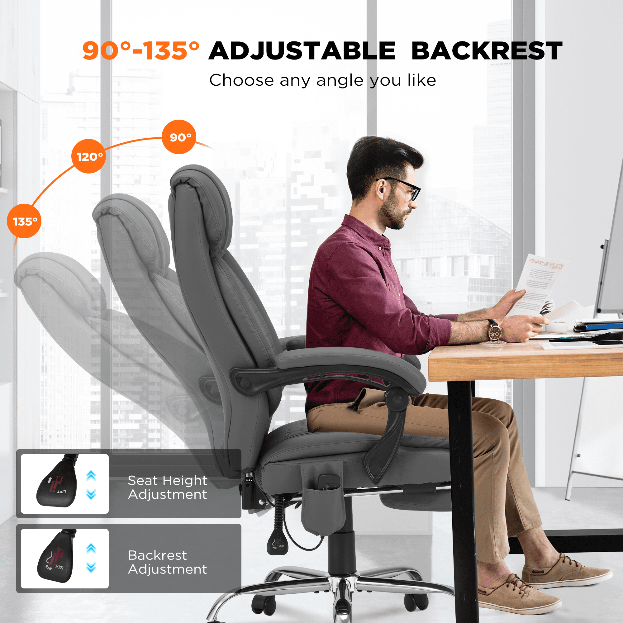 HOMREST  Ergonomic Administrative Office Chair, Heated Massage Lounge Chair with Adjustable Backrest, Foot Pedal, for Home & Office Use, Grey