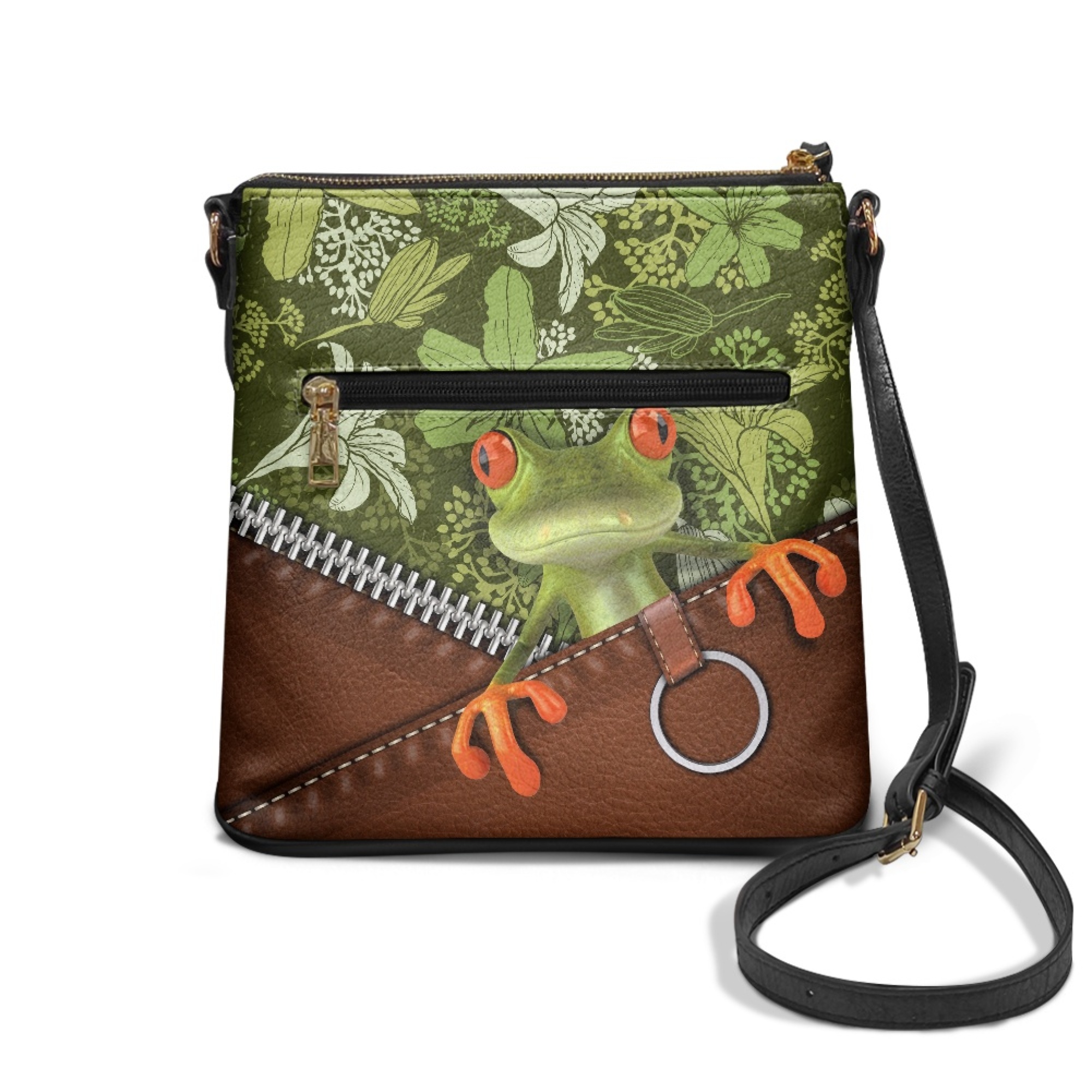 Kuiaobaty Frog Flower Print Leather Crossbody Bag for Women, Lightweight Zipped Pockets Hobo Handbag with Adjustable Strap, Roomy Durable Messenger Purse Crossbody for Travel