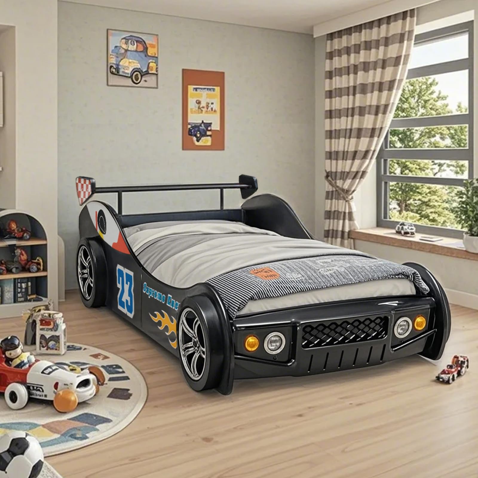 Twin Size Race Car Bed for Kids - Black Wooden Platform Frame with LED Lights, Wheels & Slat Support ,No Box Spring Needed