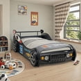 thumbnail image 5 of BFJDM Twin Size Race Car Bed for Kids - Black Wooden Platform Frame with LED Lights, Wheels & Slat Support ,No Box Spring Needed, 5 of 8