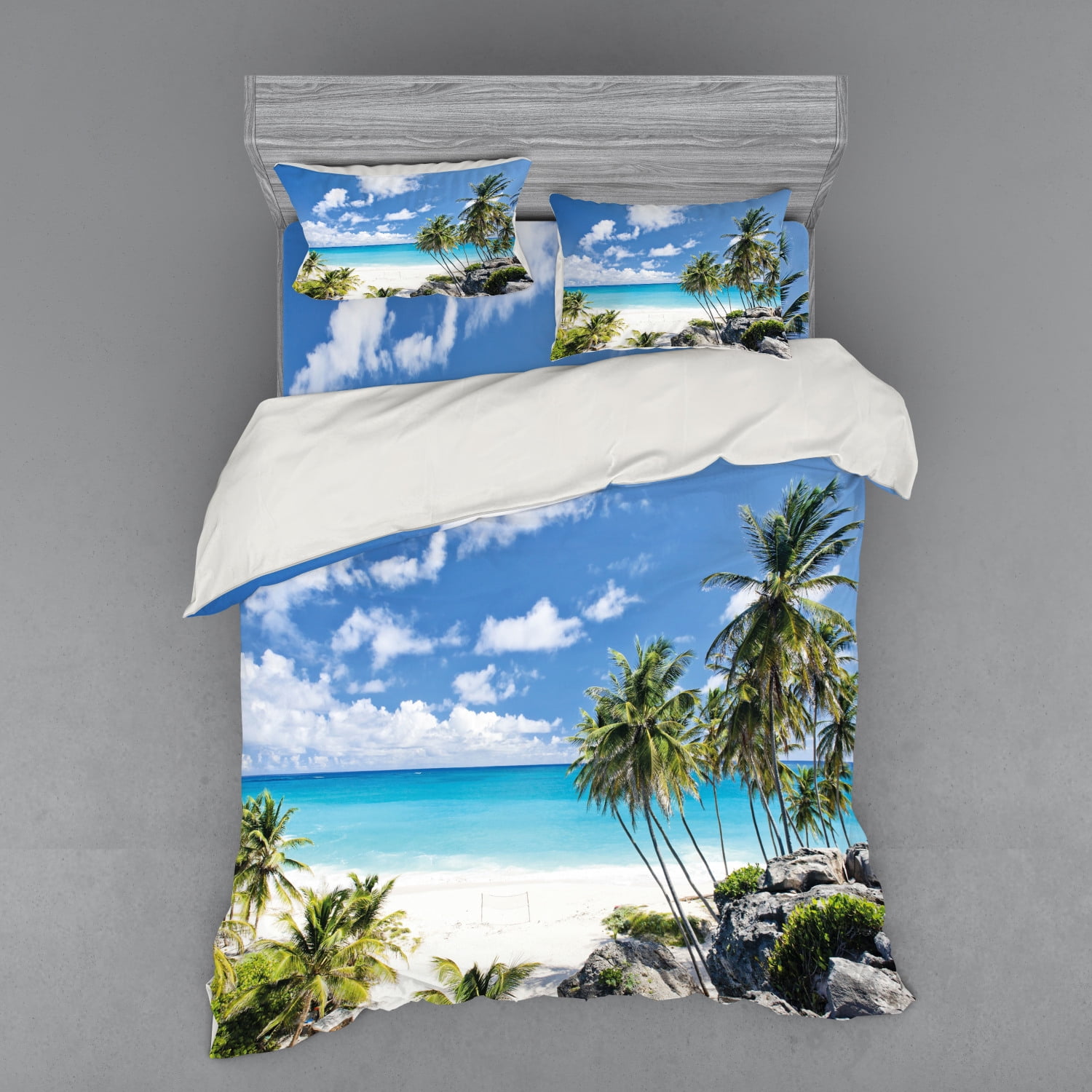 Summer Duvet Cover Set, Bottom Bay Barbados Beach Tropical Palms Ocean