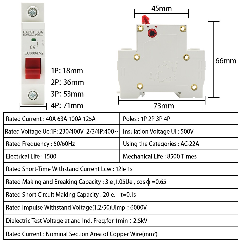 1PCS Din Rail 1P 2P 3P 4P 40A 63A 100A 125A Knife Main Switch Isolating Switch for Home Industrial Use Circuit Breaker AC 230V 400V