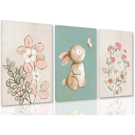 Framed Nursery Wall Art Set of 3, Pink Flower Botanical Pictures Wall Decor, Green Bunny Paintings, Cute Animal Canvas Prints for Girls and Boys Kids Room, Baby Room Decor 12x16 Inches
