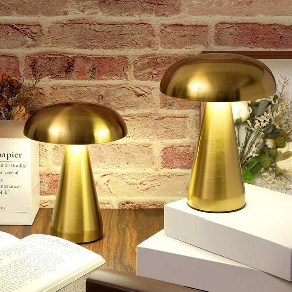 VIHOSE Juego de 2 lámparas LED de hongo, lámpara de mesa de metal portátil con sensor táctil, lámpara de escritorio de atenuación continua de 3 colores, batería recargable de hasta 15 horas, lámpara