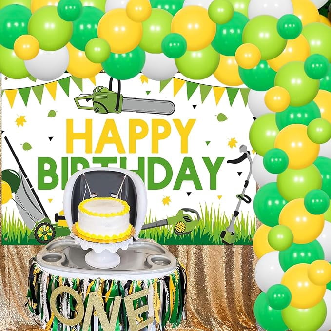 80Pcs Lawnmower Birthday Party Decoration, Green Tractor Party Decor with Mower Backdrop Happy Birthday Green Balloon Garland Arch Kit for Boys Farm Themed Tractor Time Party Supplies