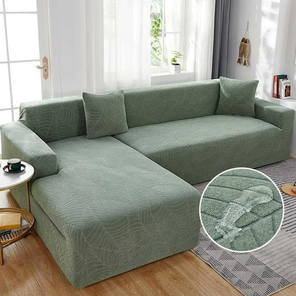 Funda para sofá esquinero en forma de L Funda elástica impermeable para sofá Funda universal para sofá para sofá esquinero en forma de L de 1/2/3/4 plazas Requiere dos 2 ASIENTOS, Verde