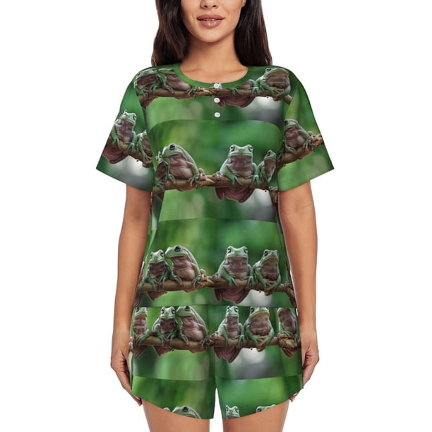 Fotbe Australian White Tree Frog Sitting on Branch Conjunto de Pijama Estampado para Mujer, 2 Piezas, Ropa de Dormir con Camiseta de Manga Corta y Shorts Suaves-3X-Large