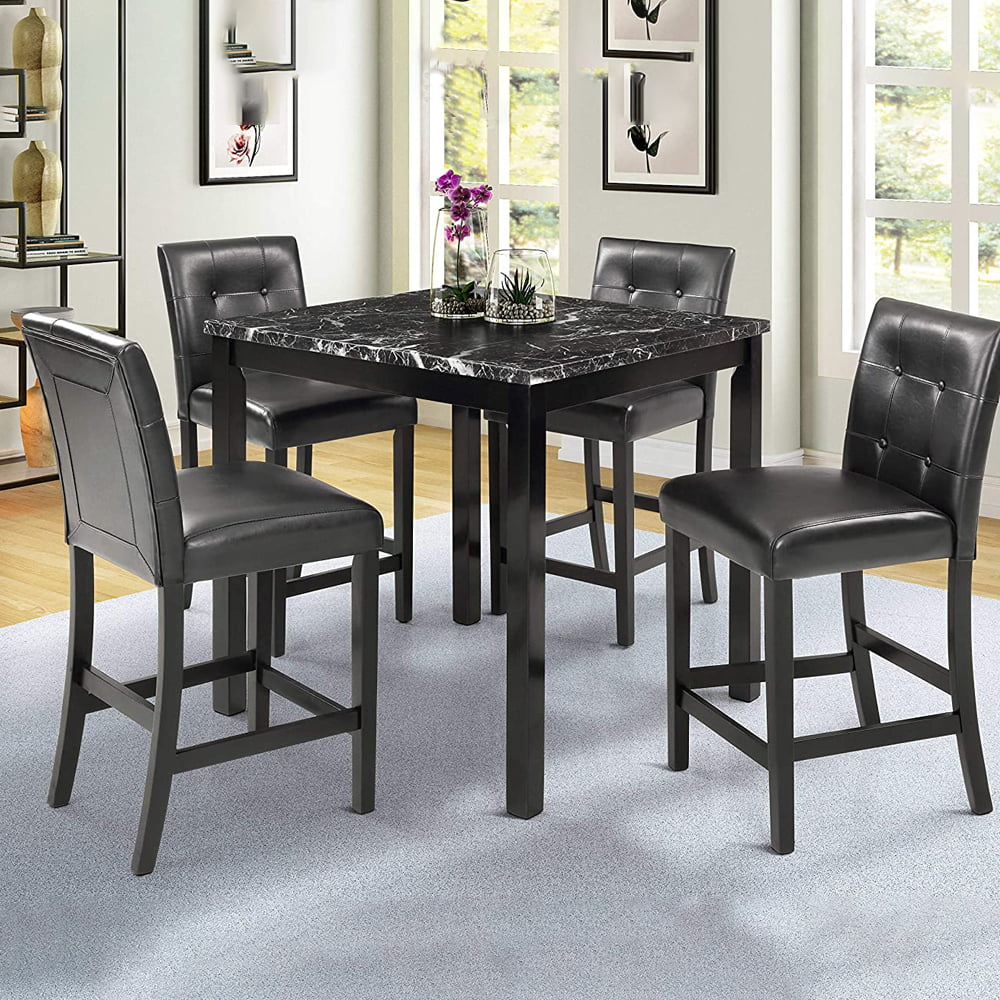 Wooden Dining Table Set With 4 Chairs Faux Marble Top Dining Table And 4 Pu Leather Chairs 5
