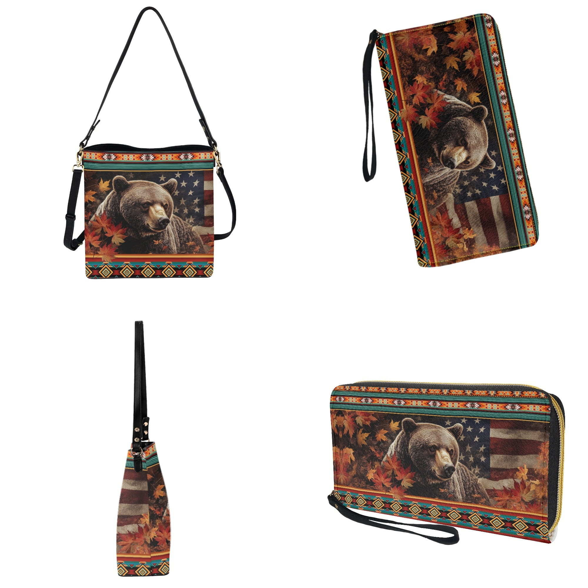 ZUXONGSY Bear American Flag Maple Leaf Print Shoulder Bag with Leather Wallet for Women Lightweight Leather Crossbody Handbag with Wrist Wallet Large Bucket Crossbody Bag Set for Working