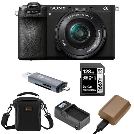 Alpha a6700 Mirrorless Camera with E PZ 16-50mm f/3.5-5.6 OSS Lens Bundle with Shoulder Bag, 128GB SD Card, Card Reader, Extra Battery, Charger