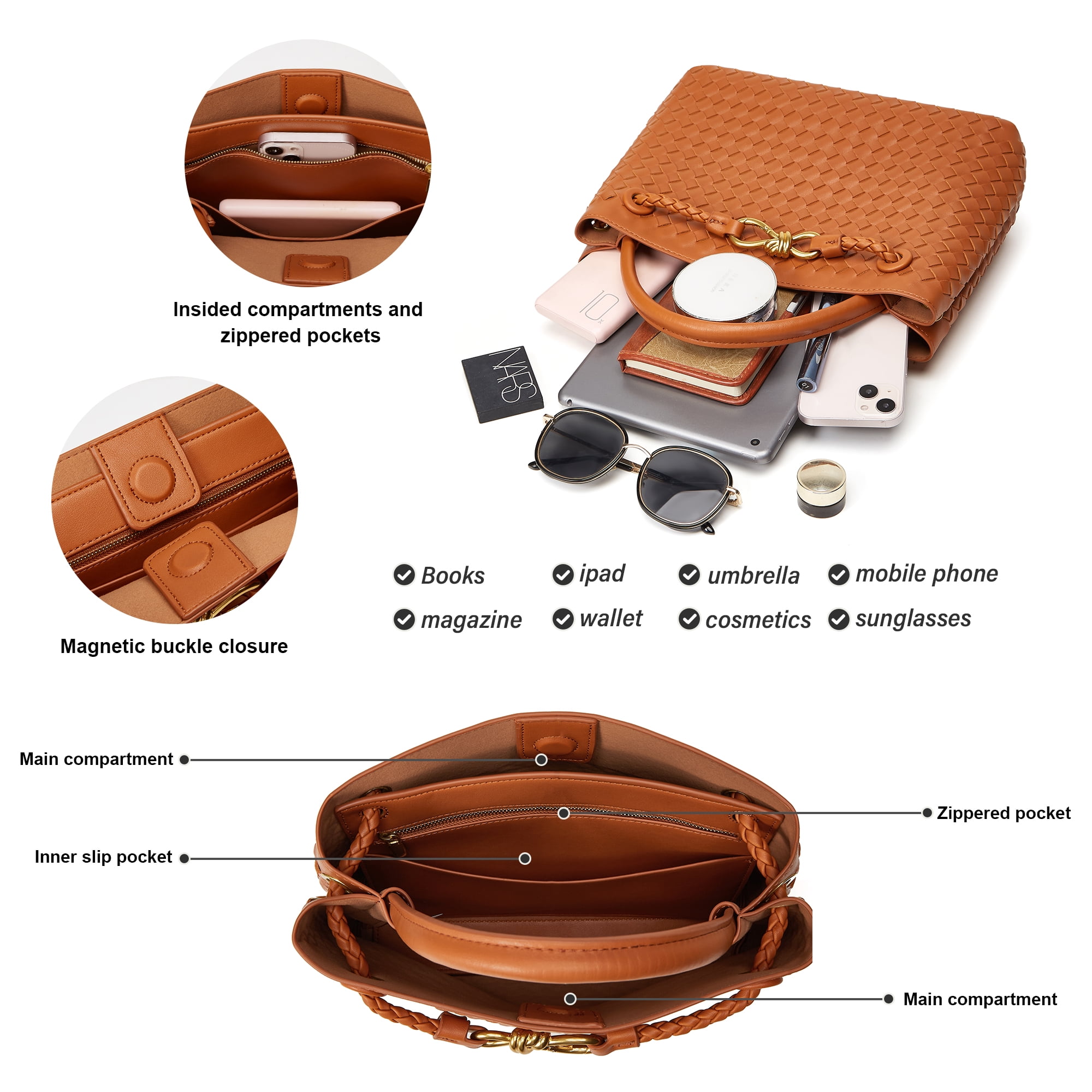 Woven Bags for Women Crossbody Handbag: Vegan Leather Small Tote Purse - Trendy Shoulder Handbags and Purses - Bowknot Satchel Purses (Brown)