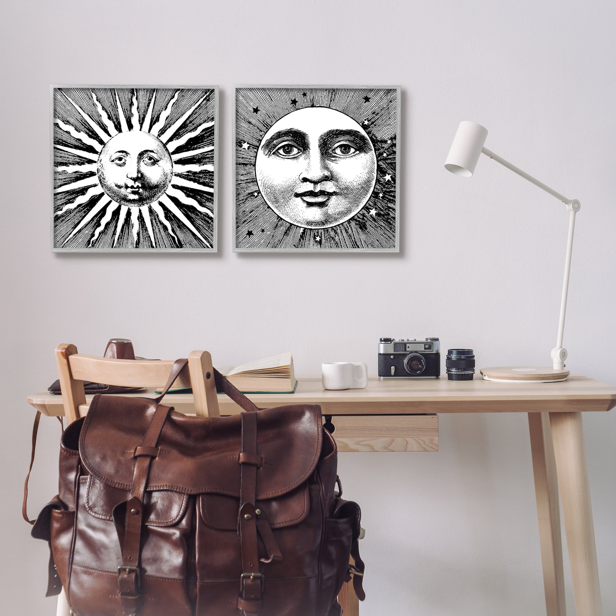 Stupell Industries Sun & Moon Faces Landscape Painting Gray Framed Art Print Wall Art, 17 x 17