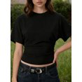 thumbnail image 4 of LMLYSoH Womens Summer T Shirt Short Sleeve Crew Neck Solid Color Casual Ruched Cinched Waist Crop Tops, 4 of 9