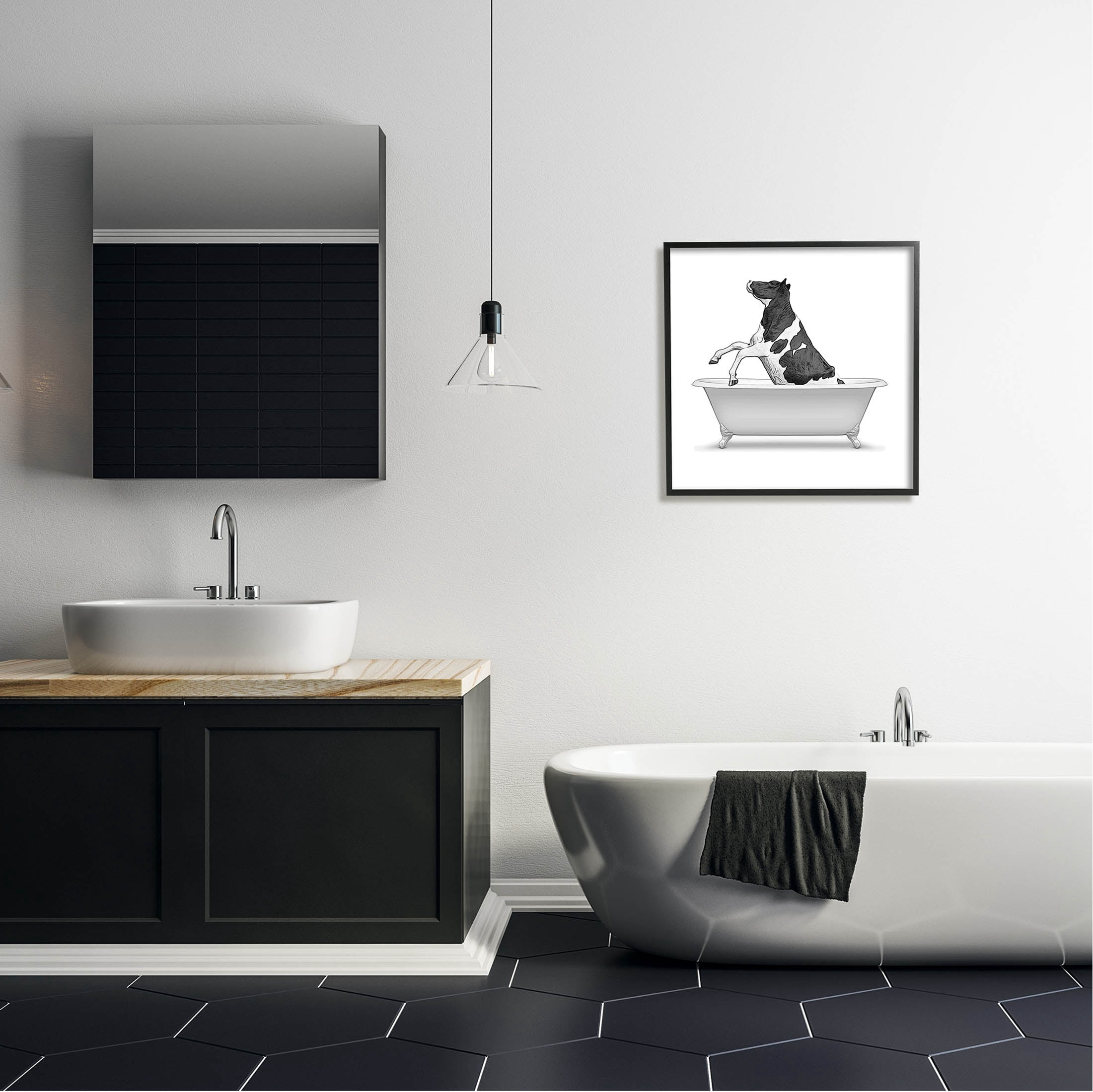 Stupell Industries Farmhouse Cow Vintage Bath Graphic Art Black Framed Art Print Wall Art, Design by Annalisa Latella