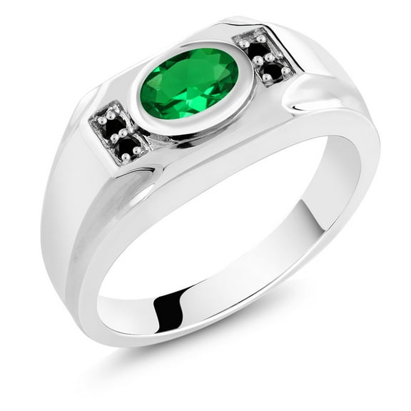 Gem Stone King 1.28 Cttw Green Nano Emerald and Black Diamond Ring for Men | 925 Sterling Silver | Gemstone May Birthstone | Oval 8X6MM | Available in Size 7, 8, 9, 10, 11, 12, 13