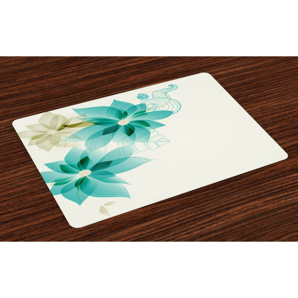 Teal Placemats Set of 4 Vintage Inspired Floral Design with Abstract