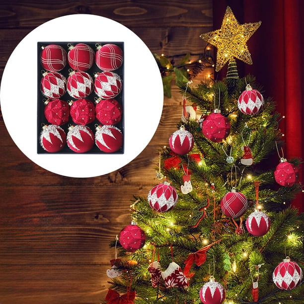 Juego de 12 bolas navideñas de 8 cm | Esferas de ladrillos de colores en rojo, verde y beige | Formas de estrella y corazón con purpurina y cinta dorada | Adornos navideños de ABS duraderos para el