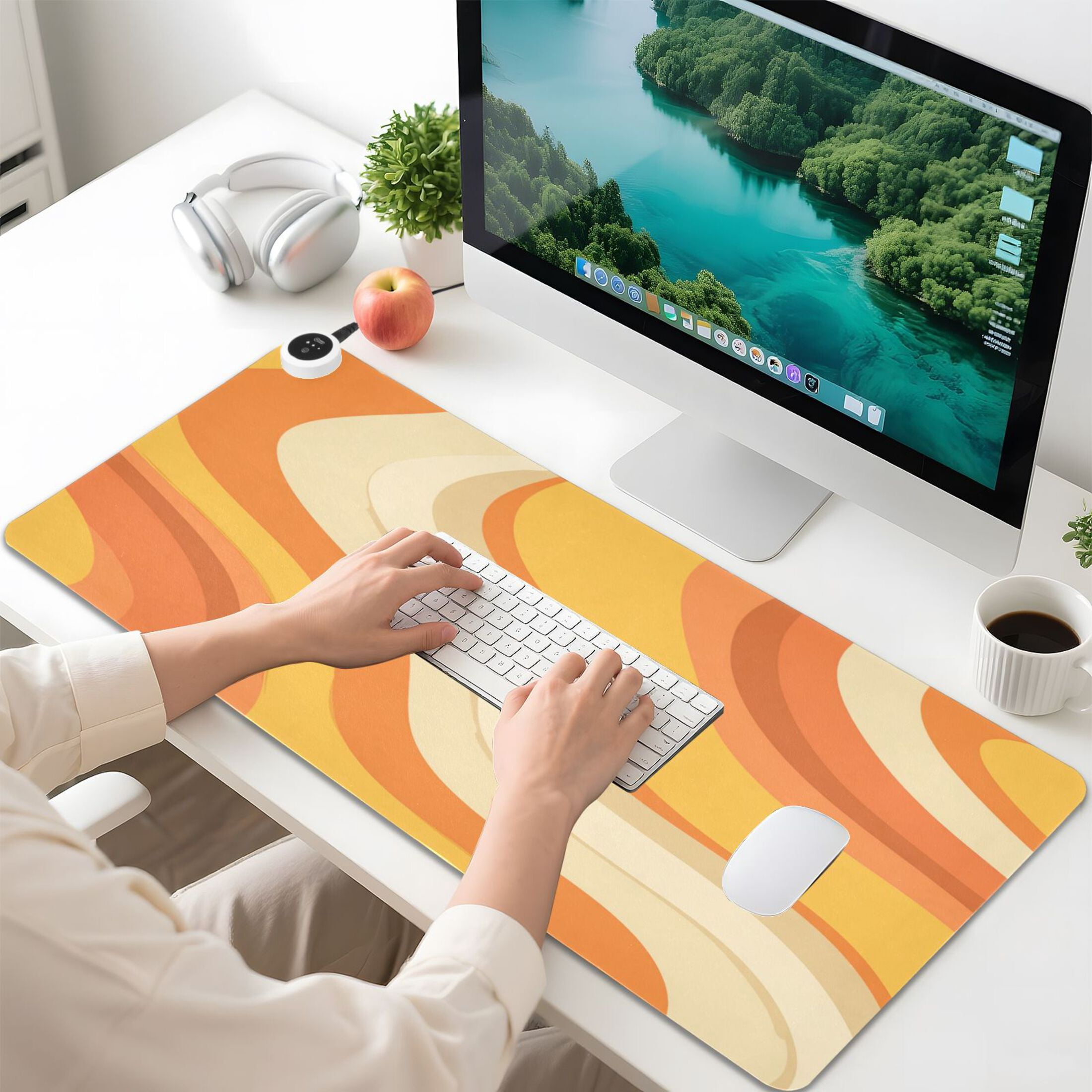Large Heated Desk Mat Mouse Pad 31.5"x13"PU Leather Graphene Heating Desk Warmer with 3 Temperature Settings 110V US Plug Non-Slip Warm Pad for Home, Office, and Gaming Orange Color Clash Pattern