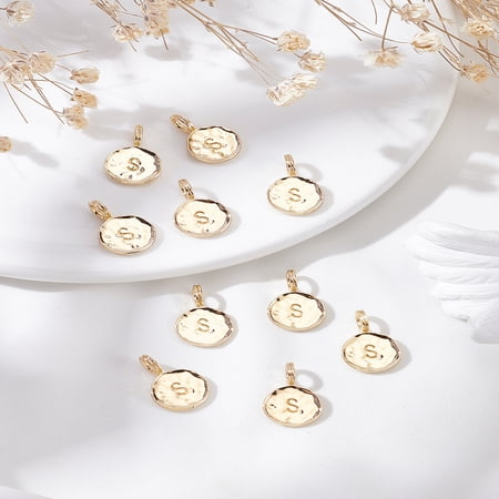 10Pcs Alloy Pendants Cadmium Free & Nickel Free & Lead Free Flat Round with Alphabet Real 18K Gold Plated Letter S 17x11.5x1.5mm Hole: 2.5mm