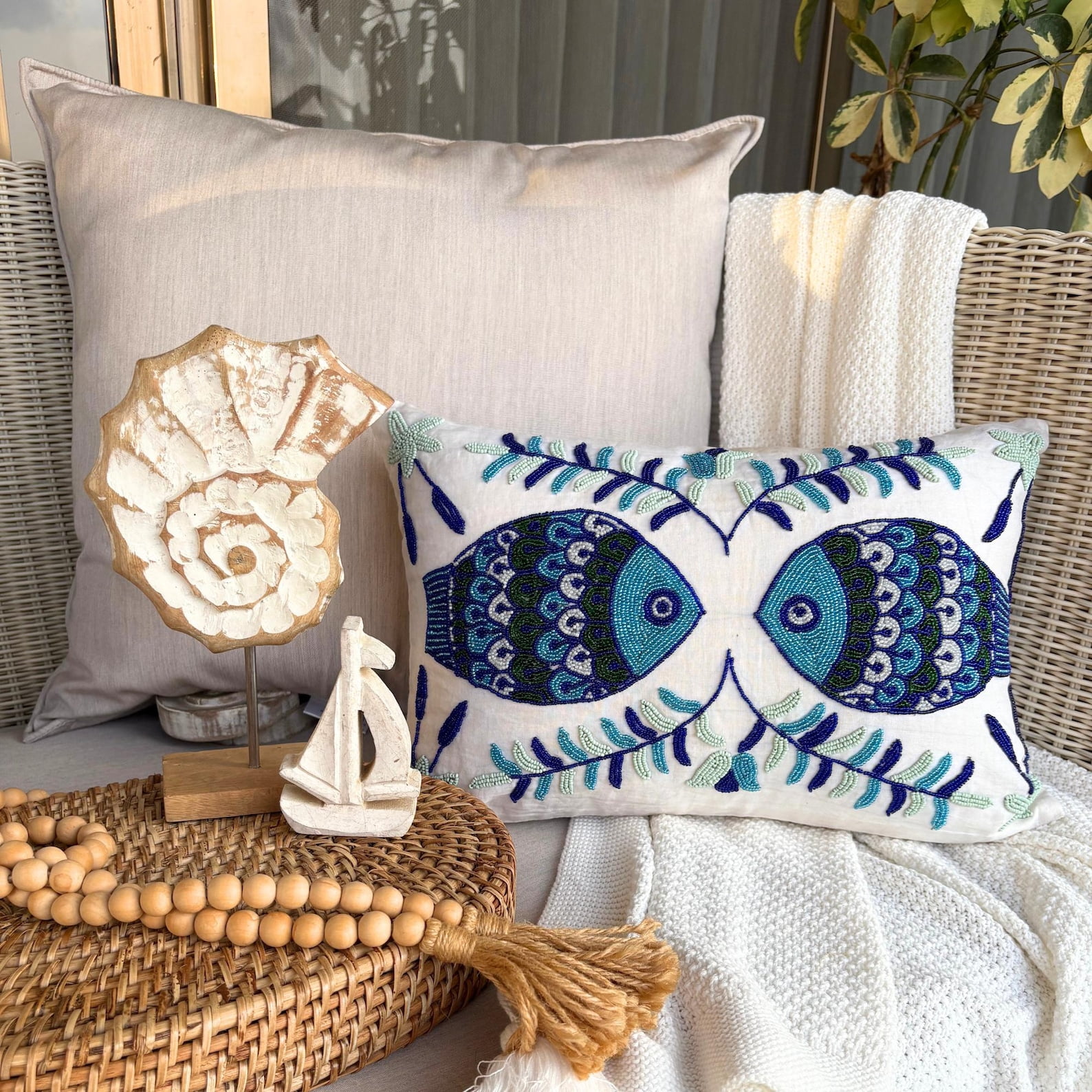 Decorative Oblong / Lumbar Throw Pillow Covers Accent Pillows Couch Sofa Pillow Case 12x22 inch (30x55 cm) White Silk Dupioni Bead Embroidery - Fish Tales