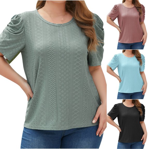 Inverlee Blouses Women Dressy Casual Short Sleeve Tops Eyelet Hollow Out Cute Loose Fit Solid Color Shirts Flowy Elegant Tunic Top