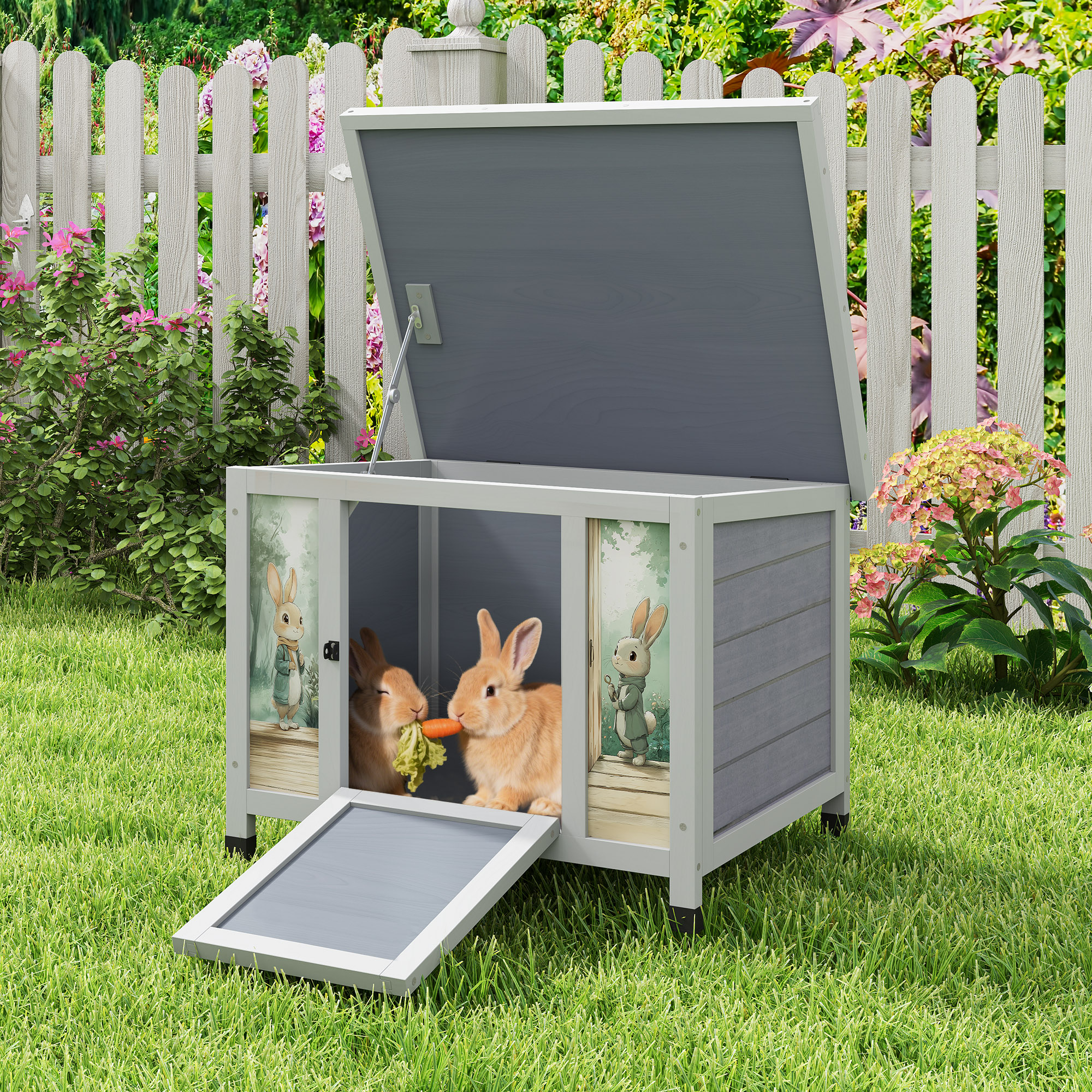 24'' Small Rabbit Hutch Outdoor, Bunny Cage for Small Animal with Weatherproof & Openable Top, Wooden Cat House for Indoor & Outdoor Use (Grey)