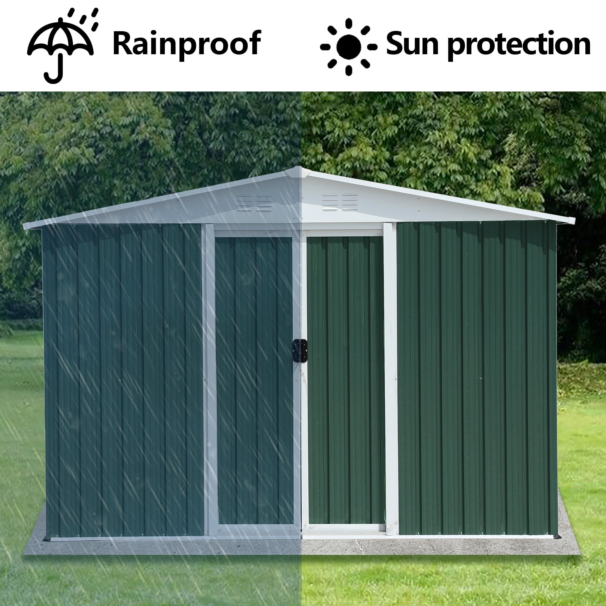 Mintazer 8x6 ft Apex Roof Outdoor Metal Storage Shed with & Lockable Sliding Double Doors, Ventilated Galvanized Steel Garden Tool Storage House for Backyard Patio Lawn, Green