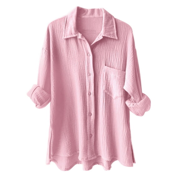 TTUHYWXI Womens Soft Cotton Weave Shirt Long Sleeve Tops Casual Blouse with Open Chest Pockets (Pink, XL)